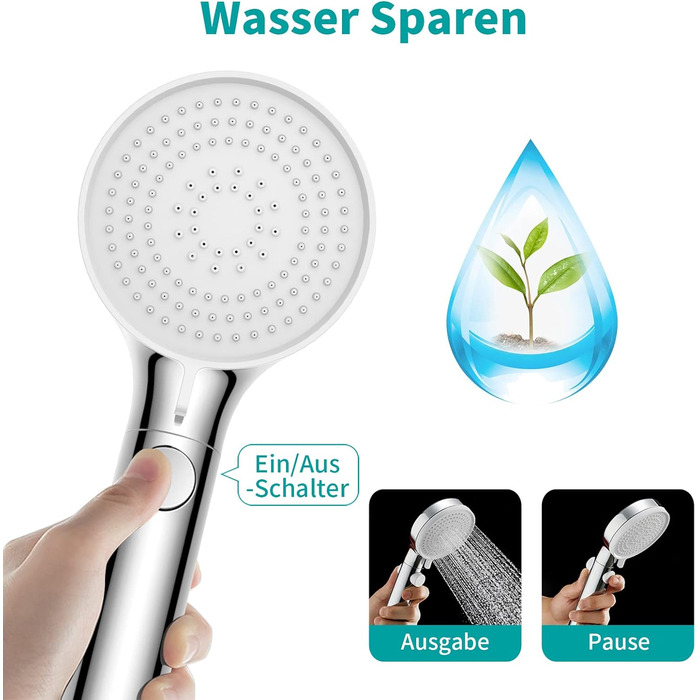 MIAOHUI Shower Head, Pressure-Boosting, Handheld Shower with 3 Spray Patterns, Water-Saving High-Pressure Shower Head with Water Stop Function, Shower Head with Hose and Teflon Tape (Chrome)