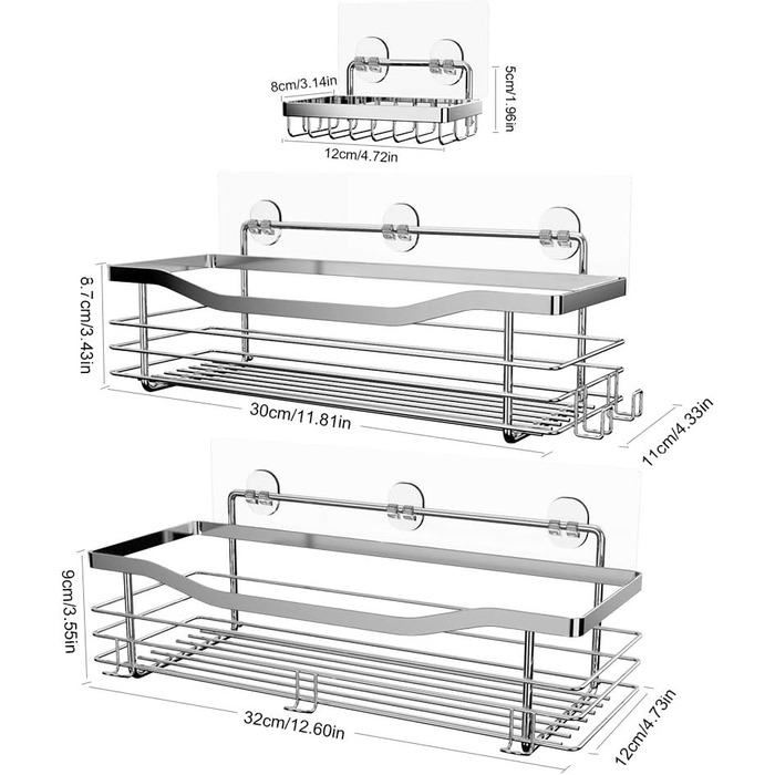 Поличка для душу Orimade без свердління з мильницею та 5 гачками - 3 шт. (срібло)