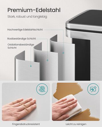 Відро для сміття SONGMICS 50 л, нержавіюча сталь, знімний внутрішній відро, Softclose, срібний колір