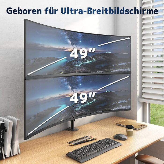 Кріплення для монітора 2 шт. один над одним, 17-49 дюймів, плоскі та вигнуті екрани, вертикальне кріплення, регулювання висоти, 20 кг на кріплення, VESA 75/100 мм, чорний