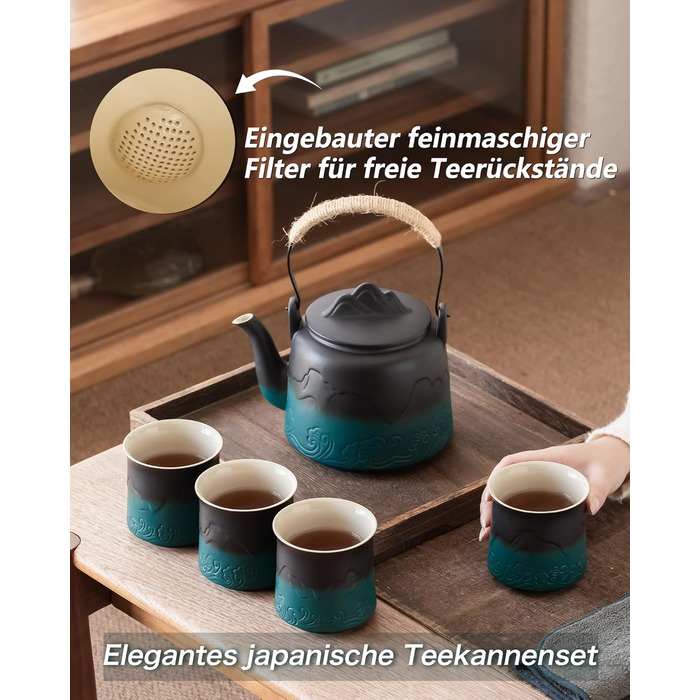 ZENS Design Japanese Teapot, 1000ml Gradient Embossed Japanese Ceramic Teapot with Built-in Strainer and Hemp Rope Handle for Loose Leaf Tea Steeper, Gift for Tea Lovers, Black & Bean Green (Black & Green, 1000ml Teapot & 4 of 200ml Cups)