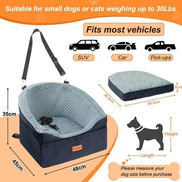 Elevated Dog Car Seat - Small & Medium Dogs (Up to 13.6KG) - Washable, Travel Bed with Storage & Safety Belt (Black & Grey)