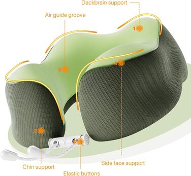 Подушка для шиї у подорожах, Memory Foam, ергономічна підтримка шиї | Подушка для шиї, подушка-ролик | Для подорожей, офісу, літака та дому, зелена