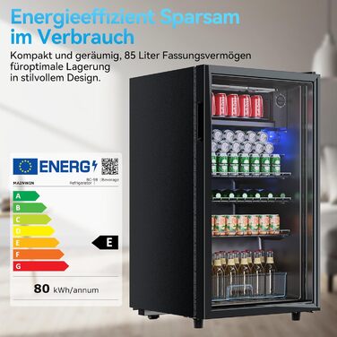 Холодильник для напоїв TriumphKEY, 85 літрів з LED-підсвіткою, скляна дверцята, 3 полиці та відділення для пляшок (сода, пиво, вино)