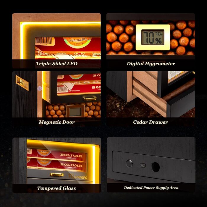 Гумодор для сигар, настільний з цифровим гігрометром, зволожувачем та пакетами для вологи. 4 висувні ящики з кедрової деревини, вміщує до 200 сигар (чорний)