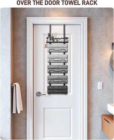 Настінний тримач для рушників у ванну кімнату, без свердління, 6-ступенева наддверна полиця для рушників, багаторівневий органайзер для рушників на двері, чорний, великий