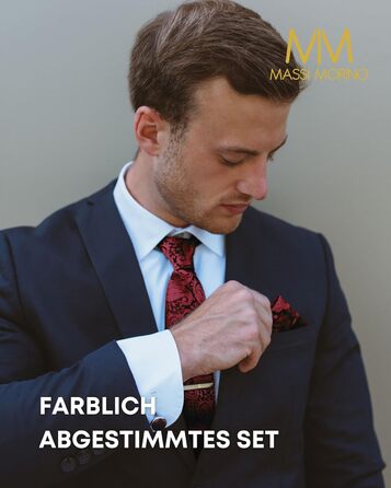 Массі Моріно: Комплект краватки з нагрудною хустиною для чоловіків. Краватний набір на весілля з краватковою голкою, запонками та подарунковою коробкою. Палецький візерунок, бордовий колір, універсальний розмір.