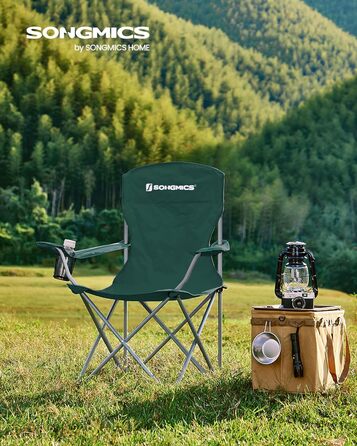 SONGMICS 2-Pack Folding Chair Camping Chair Folding Chair Comfortable Heavy-Duty Construction Max. Load Capacity 150 kg with Cup Holder Outdoor Chair (Dark Green)