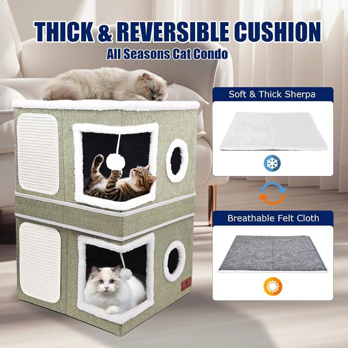 Кішка ліжко для дому, будиночок-печери з когтеточкою та м'ячиком, складане ліжко-куб для котів, притулок для кількох котів (зелений, double)