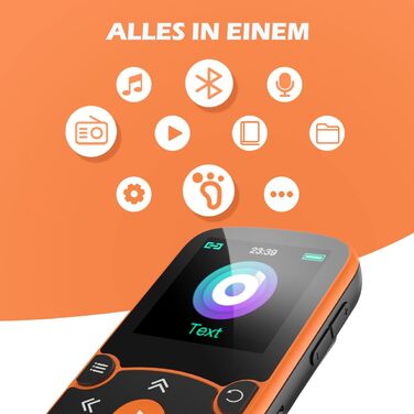 MP3 плеєр AGPTEK Bluetooth 5.0 32GB Orange - кліпса, TFT екран, підтримка TF карти до 128GB