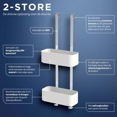 Tiger 2-Tier Shower Caddy, Shower Shelf without Drilling, for Hanging on the Shower Wall, Shower Shelf with Storage for Shower Gel & Co., with Integrated Hook, Stainless Steel, Plastic, Color: White