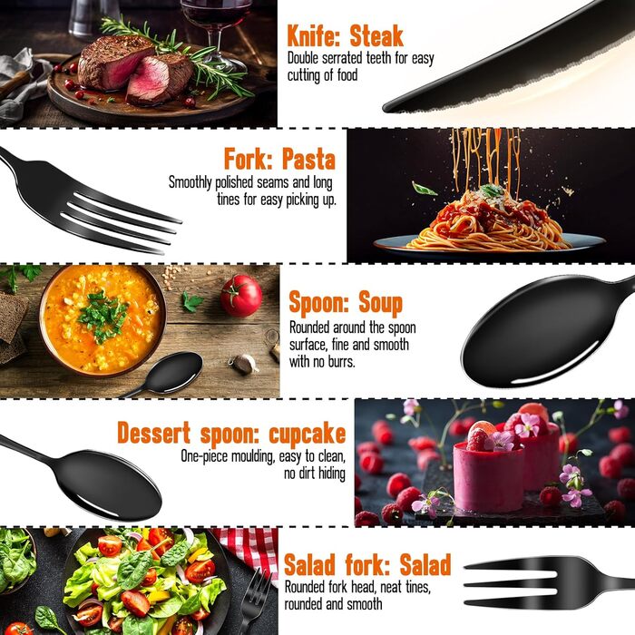 Набір столових приборів FANTICDE на 4 особи, 20 предметів, нержавіюча сталь, чорний матовий, з ножем, виделкою, ложкою, преміум-якість, для посудомийної машини