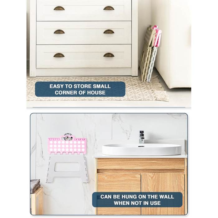 Складний табурет HOUSE DAY 22см, рожевий та білий. Стабільний, легкий, з антиковзким покриттям. Ідеально для дітей, ванної кімнати, кемпінгу, пікніка та дому.