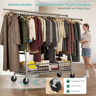 Підвісна шафа для одягу на коліщатках з подвійною перекладиною та сітчастим кошиком, 200 кг, великий об'єм для зберігання одягу та аксесуарів