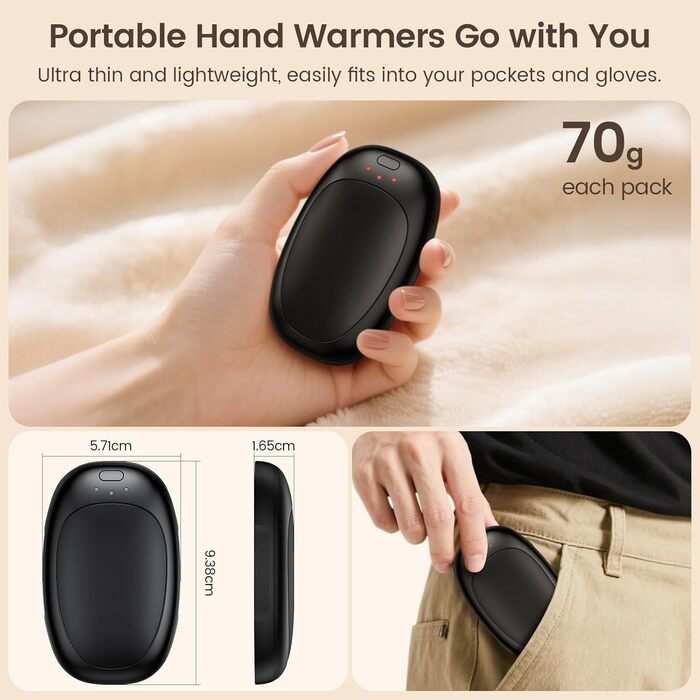 Jonwall Електричні грілки для рук 2 шт., USB-грілки, багаторазові, 3 режими нагріву, портативні, для кемпінгу, гольфу, чорні