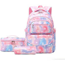 Шкільний рюкзак Tanou для дівчаток 3 шт. з ланч-боксами та пеналом, дихаючий, легкий, 22 л, для 3-9 класів, фіолетовий (рожева зірка)