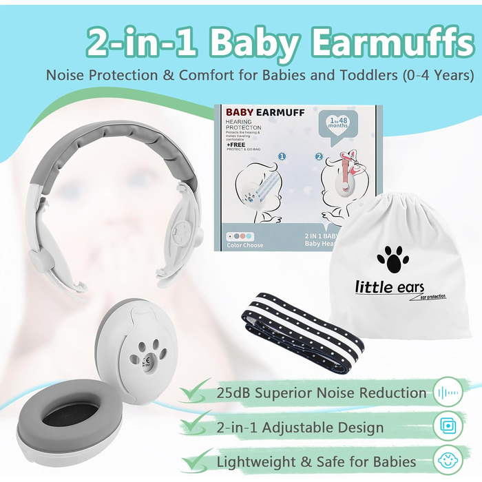 Навушники-захисники вух для дітей 0-4 роки, 2-в-1, захист від шуму, регульоване обруч, легка ABS-оболонка (білий)