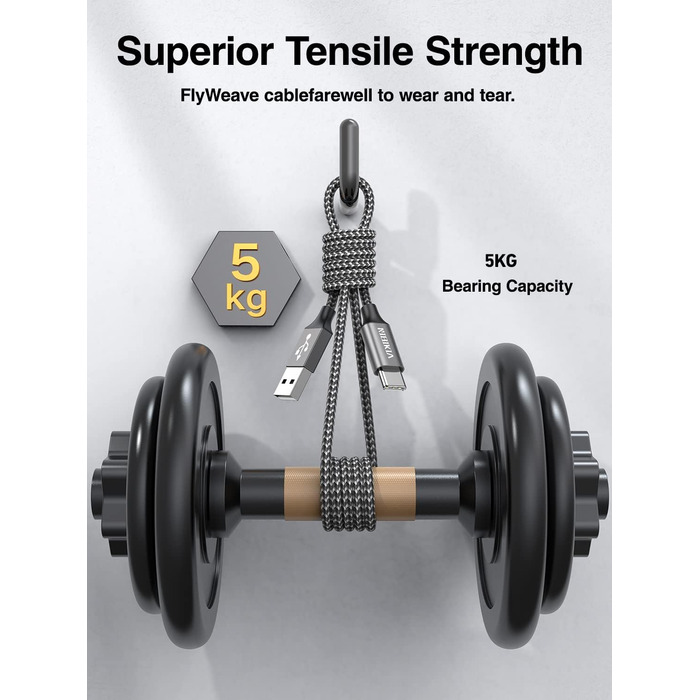 Кабель USB-C 3.1A з нейлону, 3M+3M (сірий) для Samsung Galaxy S23, S22, S21, S20, S10, A53, A52, A33, A34, A20e, A14, A13 та інші моделі