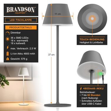 LED настільна лампа CSL з акумулятором - бездротова, сенсорна, димування, 3 кольори світла, метал, великий акумулятор, для дому та вулиці, колір антрацит