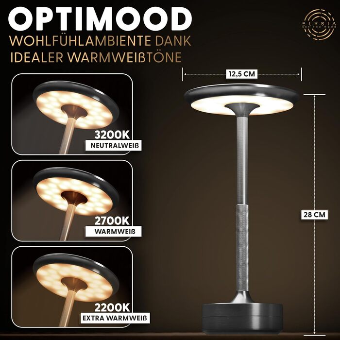 Світлодіодна настільна лампа ELYSIA з акумулятором, димується, бездротова, сенсорна, для дому та вулиці (IP54), тепле світло (2200K-2700K-3200K), USB-C, алюмінієва (срібна)