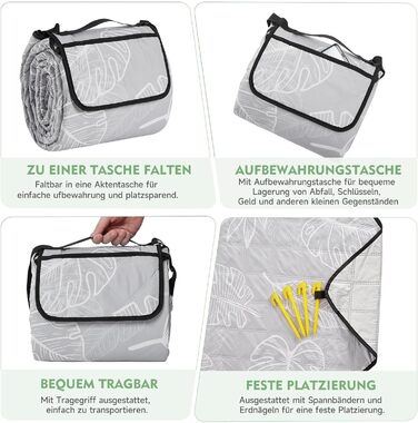 Плед для пікніка HAUSPROFI 200x300 см, водонепроникний, ізольований, XXL. Для пікніка, пляжу, кемпінгу. З бавовняним наповнювачем, ручкою для перенесення та кілочками. З миючим та стійким до деформації дизайном (листя)