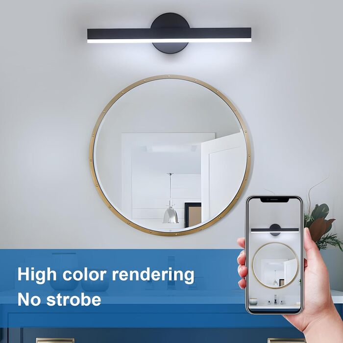 LED дзеркальна лампа Riserva 12W для ванної кімнати, поворотна 300°, 38 см, тепле світло 3000K, чорний колір