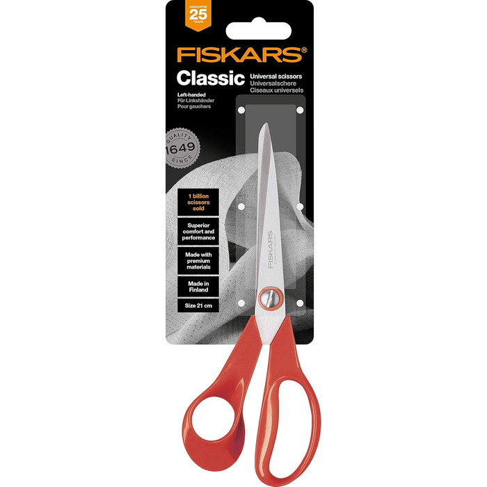 Ножиці універсальні для лівші Fiskars Classic 21 см, нержавіюча сталь, червоні ручки
