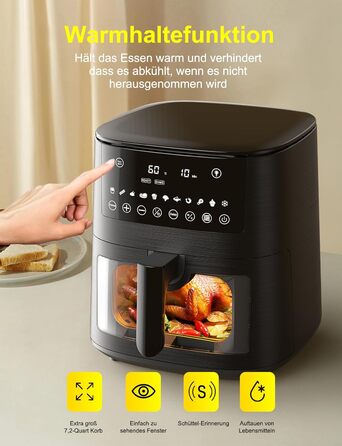 Фритюрниця повітряна Airfryer 7.2L, 11-в-1 з вікном, функція підігріву, розморожування, нагадування про струшування та таймер, здорова без олії, приготування з низьким вмістом жиру