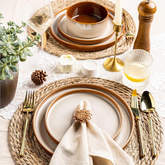 Набір керамічного посуду LERATIO для 4 осіб: тарілки та миски з реактивної глазурі, стійкий до сколів та тріщин, безпечний для миття в посудомийній машині, мікрохвильовій печі та духовці