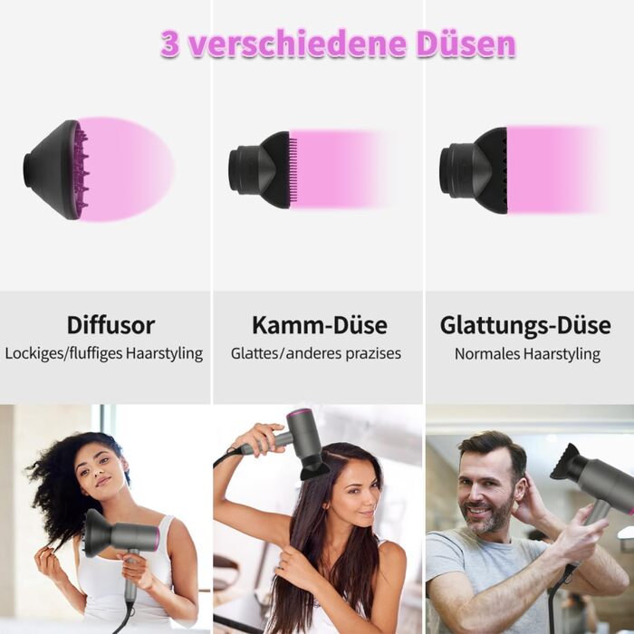 Іонізатор для волосся Faszin Föhn: професійний фен з AC-двигуном, 2 швидкості та 3 режими нагріву, кнопка холодного повітря, насадка-дифузор та 2 концентратори (чорний/білий)