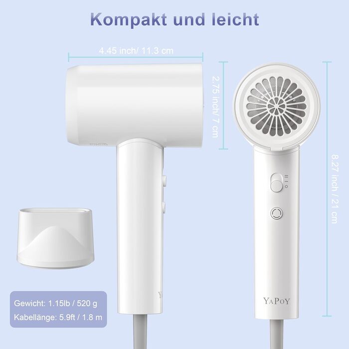 Фен YAPOY з іонізацією 200 млн іонів, 110 000 об/хв, швидке сушіння, менше завивань, інтелектуальне регулювання температури, тихий, легкий, для дорослих/дітей/домашнього використання/готелю/кемпінгу, білий
