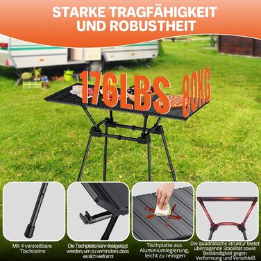 FUNYKICH Стіл для кемпінгу складний 82 x 40 см, регульована висота (44/70 см), легка збірка, портативний, з сітчастою кишенею, алюмінієва поверхня, для барбекю, кемпінгу, вечірок, саду (89 x 40 x 51/63/67/71 см)
