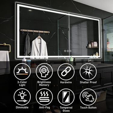 Дзеркало для ванної кімнати 50x70 см з підсвічуванням LED, антизапарник, диммер, 3 кольори світла