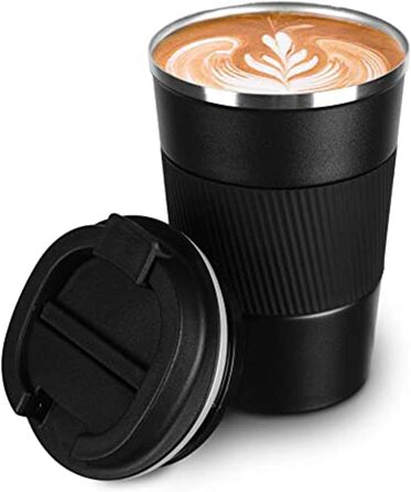 Термочашка-термоізольована чашка з нержавіючої сталі, 380 мл, чорна. Зручна термочашка для подорожей, авто, води, чаю, кави. Подвійні стінки, вакуумна ізоляція, без витоку, з кришкою