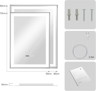 Дзеркало YOURLITE з підсвічуванням 70x50 см, LED дзеркало для ванної кімнати з годинником, сенсорне керування, 3 кольори світла, регулювання яскравості, антизапарник, пам'ять, срібний