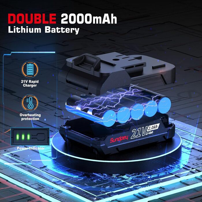 Акумуляторний шуруповерт Sundpey Set: 2 акумулятори 2.0Ah, 21V, 1500 об/хв, 45Nm, 18+1 режим, LED, 10мм патрон - для ремонту та DIY