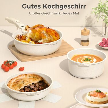 Набір кухонного посуду YASHE 15 предметів: каструлі та сковорідки з гранітно-посудомийним покриттям, знімні ручки, компактний, легко миється, сумісний з індукцією, газом та склокерамікою, білий