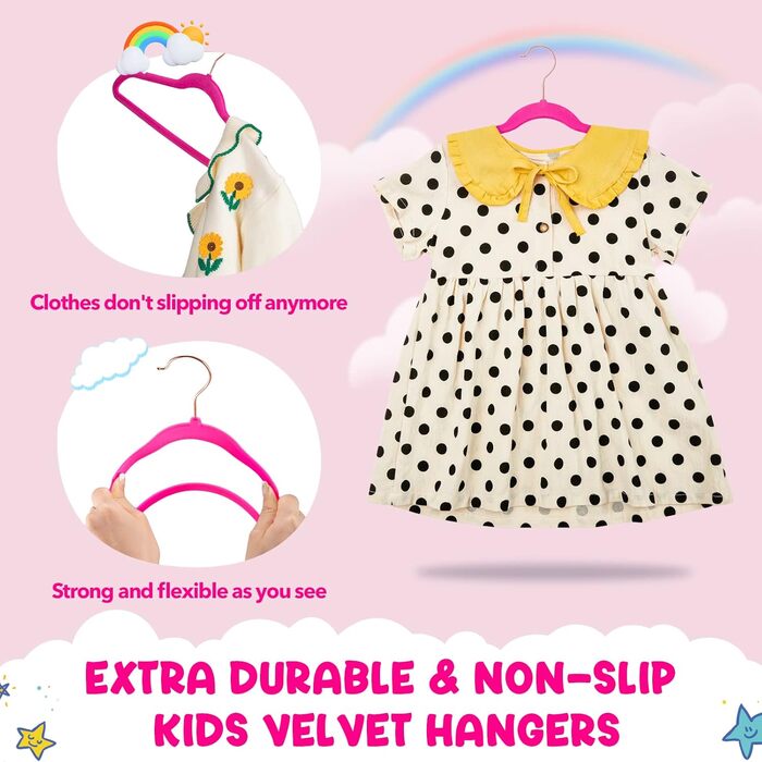 Дитячі вішалки для одягу HOUSE DAY, 60 шт., преміум-якість, ультратонкі, антиковзні, рожеві, 35,6 см