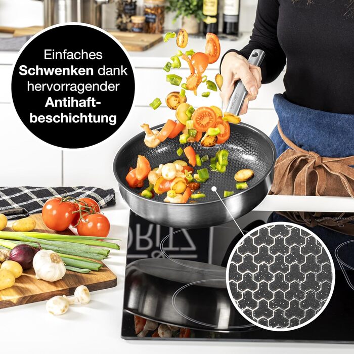 Сковорода Moritz & Moritz антипригарна 28 см індукційна з керамічним покриттям та стільниковою структурою. Нержавіюча сталь, високі борти, для всіх плит (газ, електро, індукція). Без кришки, діаметр 28 см