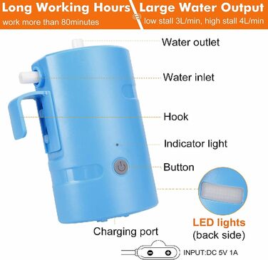 Portable Outdoor Shower, 2 Flow Modes, IPX7 Waterproof, with LED Light, 4400mAh Battery, USB Charging, Electric Shower Pump, Suitable for Hiking/Backpacking, Travel, Beach, Pets, Flowers
