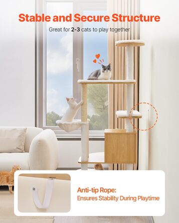 Дерево-подряпки VEVOR для котів, 600x600x1750 мм, багатоярусне, з гамаком та будиночком, з сизалю