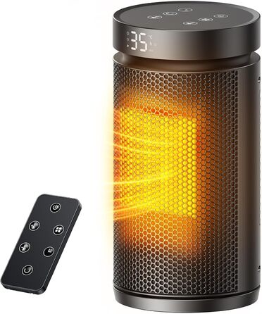 Керамічний обігрівач 1500W з термостатом, захистом від перегріву та нахилу, 75° осциляція, ECO-режим, 2-в-1 для дому (чорний, круглий)