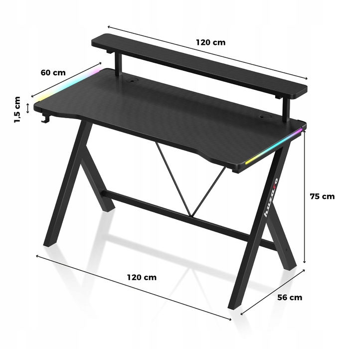 Ігрова стіл Huzaro чорний з RGB LED підсвіткою та надбудовою для геймера