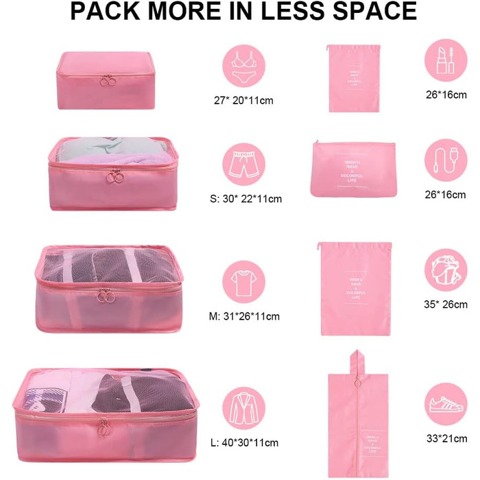 Органайзер для валізи OSDUE, набір 8 шт: кубики для пакування, водонепроникні сумочки для подорожей, сумочки для взуття, кишеня для USB-кабелів (бежевий, рожевий)