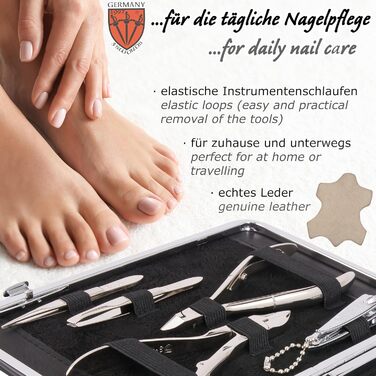 Набір для манікюру DREI SCHWERTER 'Fano' - 11 предметів (ніж для нігтів, щипчики, пінцет) у стабільному етою - колір коньяк/штучний мех (чорний/справжня шкіра)