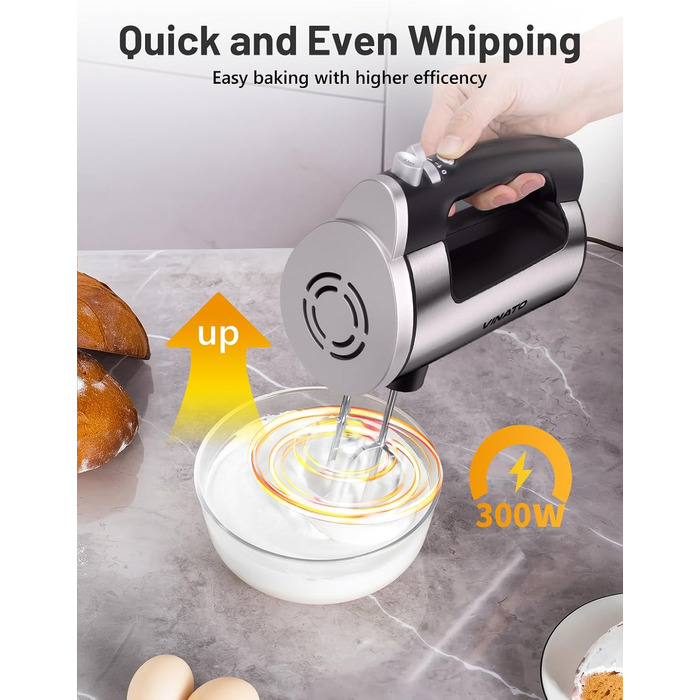 Електричний міксер VINATO 300W з 6 швидкостями, 2 насадки (венчик та гак) | Для тіста, яєць, збивання вершків, випічки | Потужний, захист від перегріву (чорний)