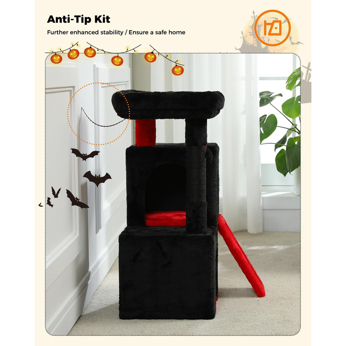 PETEPELA Scratching Post with Dual Condos for Apartment Cats, All-in-One Cat House with Padded Perch, Scratch Ramp & Post, and Replaceable Balls (Black, S 77cm)