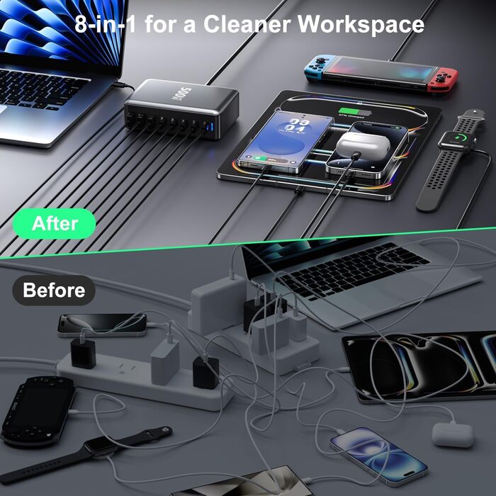 Зарядний пристрій USB-C 500W, 8 портів, GaN PD PPS, для MacBook Pro/Air, iPad, iPhone 15/16, Galaxy S23 - чорний