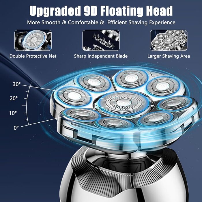 Електричний гостростример для голивної голови Glatzen, 6-в-1, з плаваючою насадкою 9D, IPX7 водонепроникний, LED дисплей, Type-C, для чоловіків