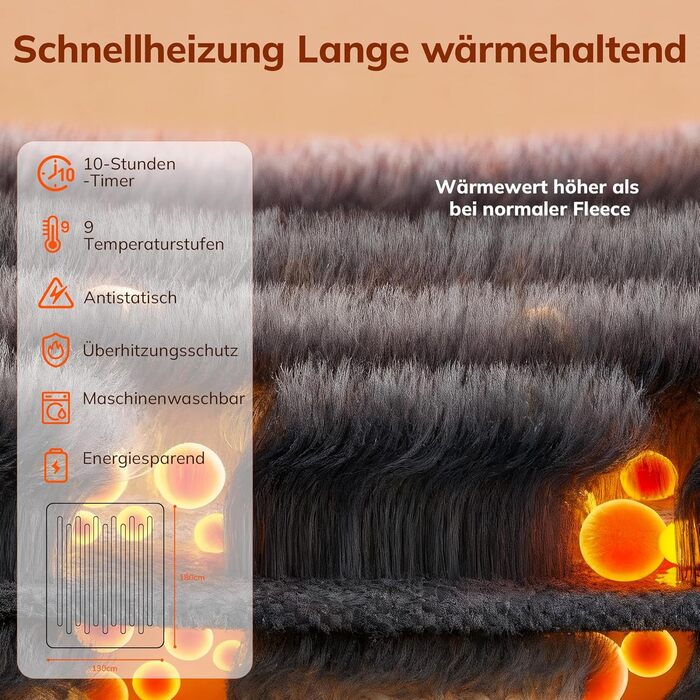 Електрична ковдра Keenstone з 9 рівнями нагріву, автоматичним вимкненням, машинне прання, антрацитовий колір